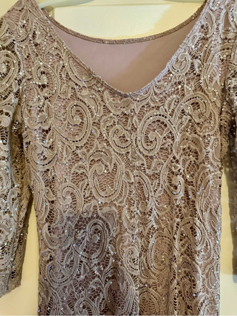 MARINA Taupe Lace Sequin Long Sleeve Dress